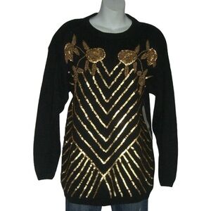 Vintage Deadstock 80's Victoria Harbour Sweater Gold Sequin Beaded Art Deco Sz M